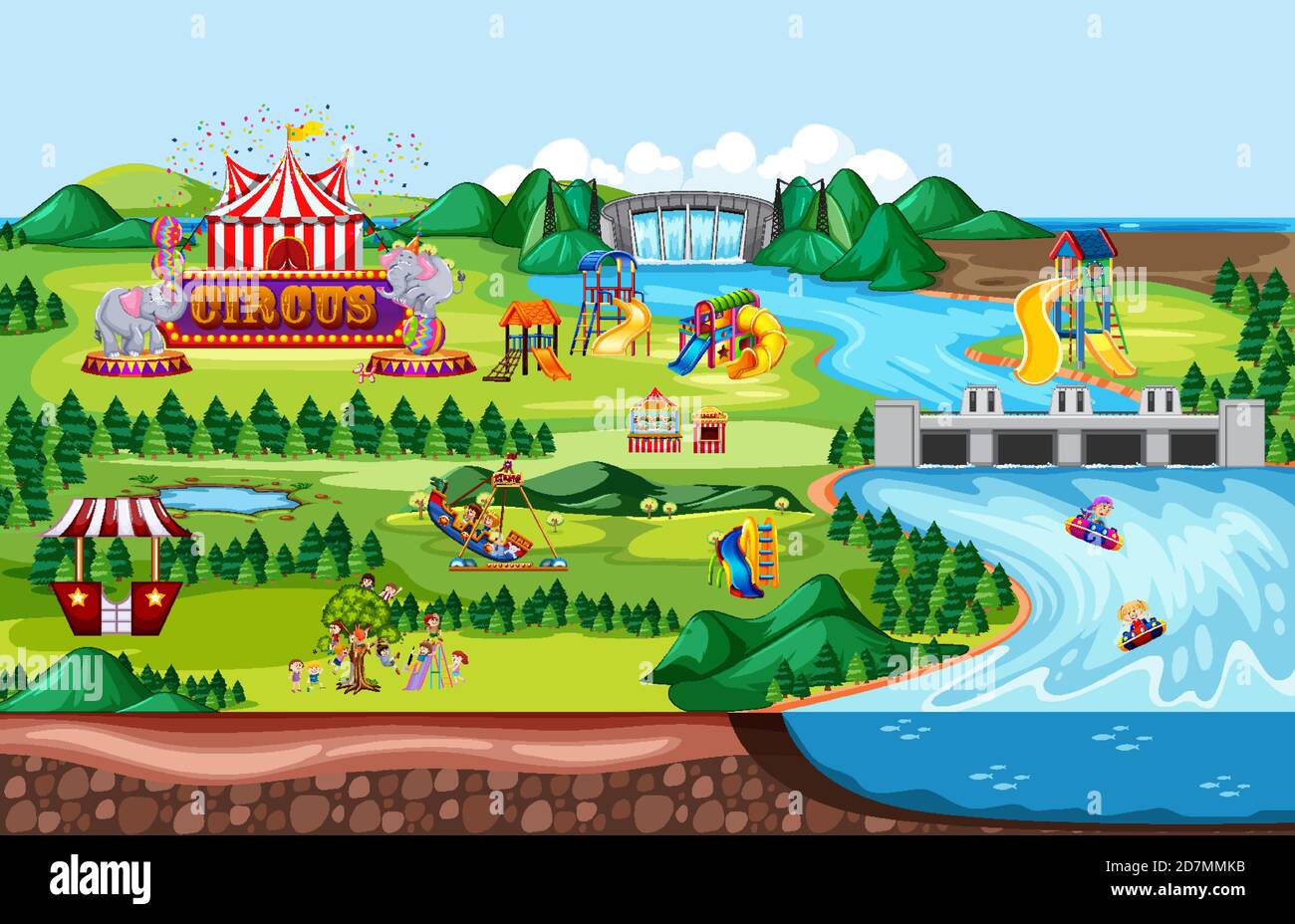 Theme amusement park landscape scene and many rides with happy children ...