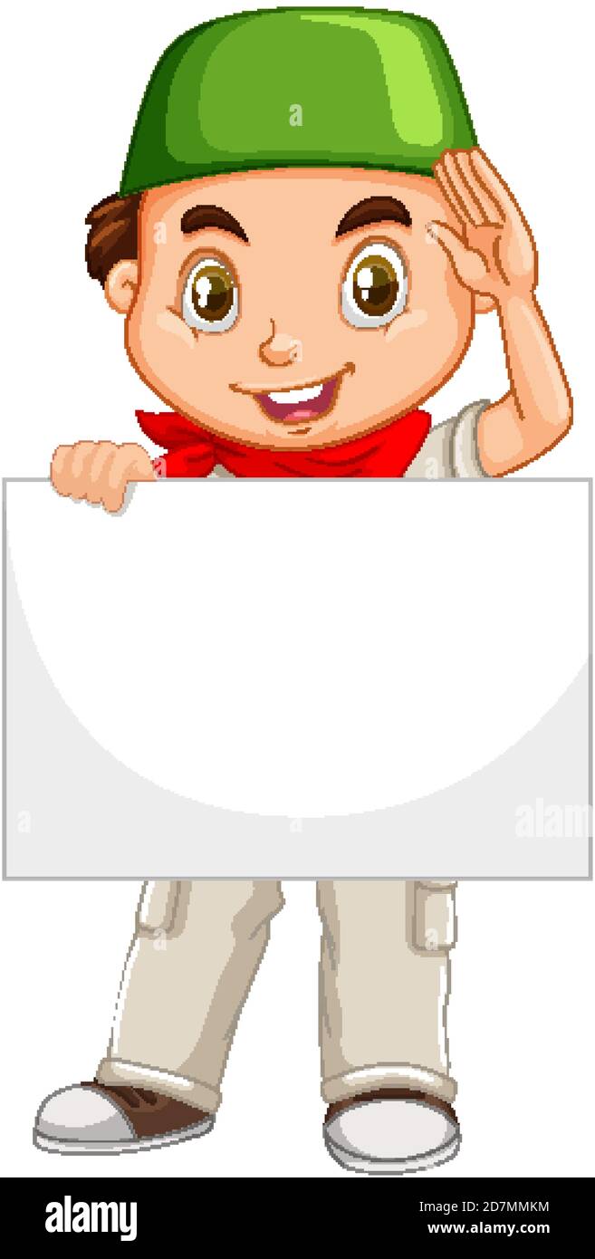 Cute young boy cartoon character holding blank banner illustration ...