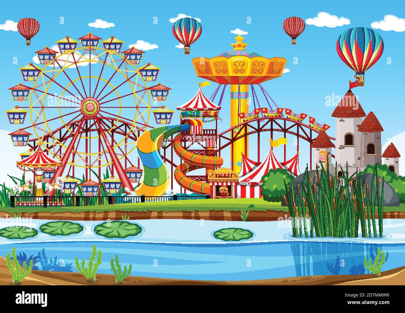 Amusement park with swamp scene at daytime with balloons in the sky ...