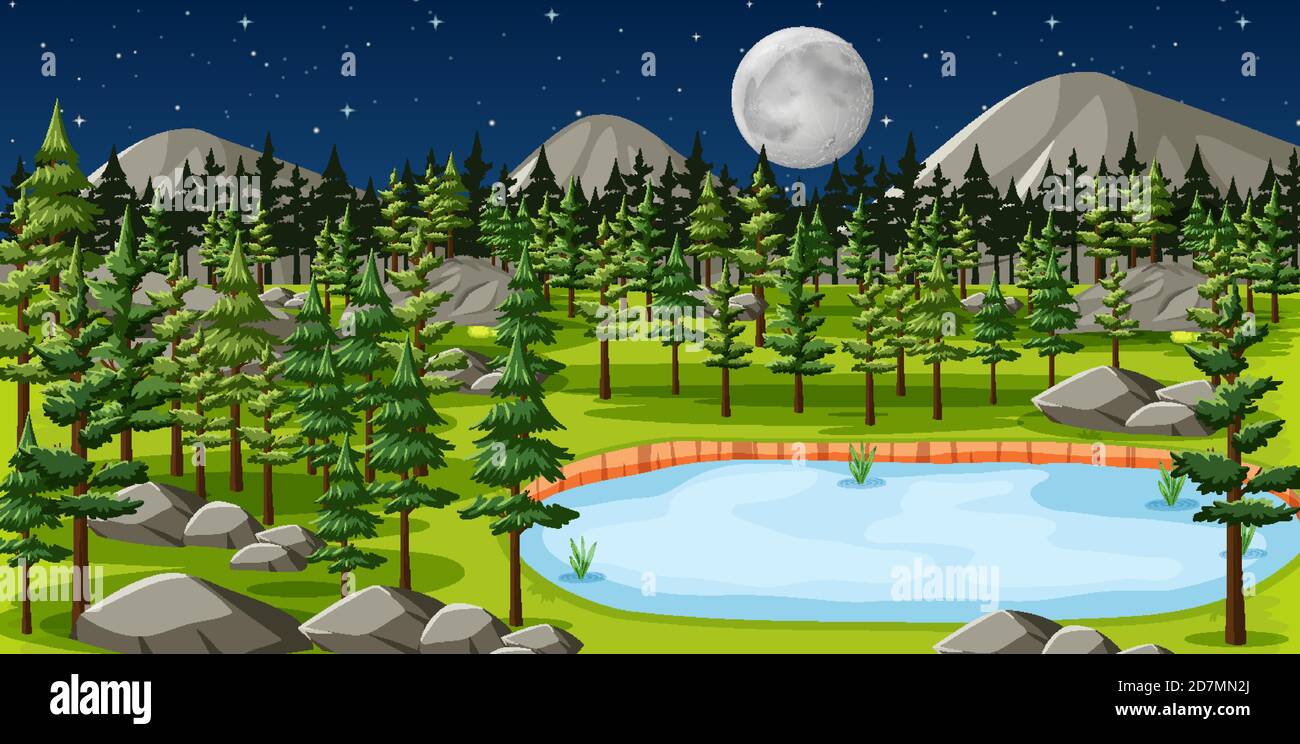 Nature park with lake landscape at night scene illustration Stock ...