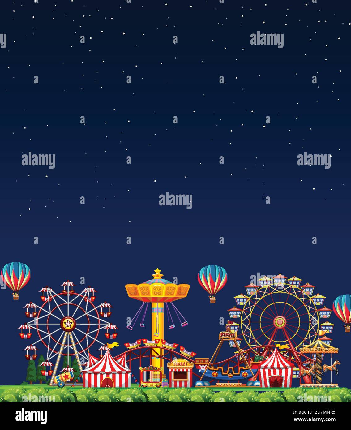 Amusement park scene at night with blank dark blue sky illustration ...