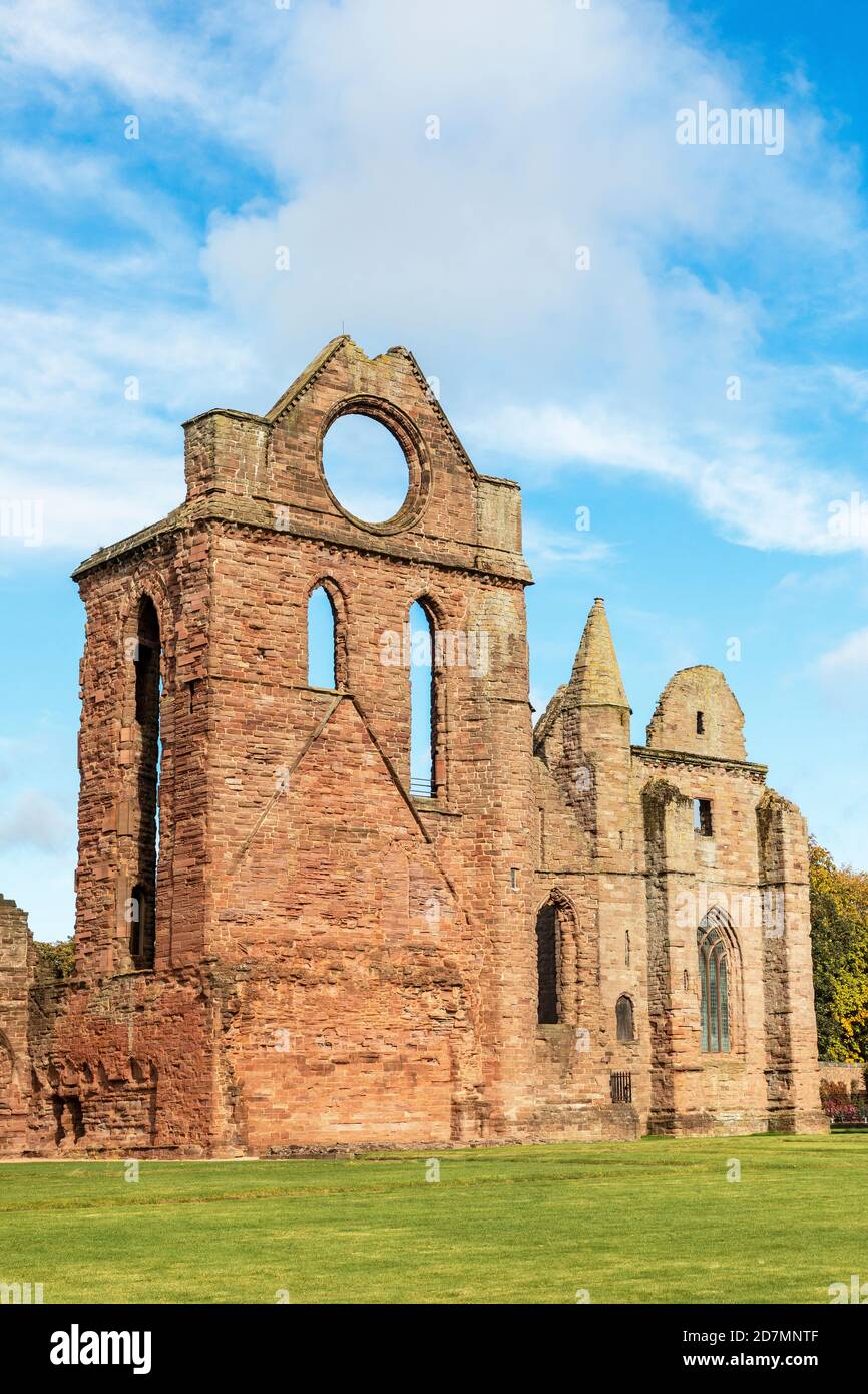 Arbroath Abbey, in the Scottish town of Arbroath, was founded in 1178 by King William the Lion for a group of Tironensian Benedictine monks from Kelso Stock Photo
