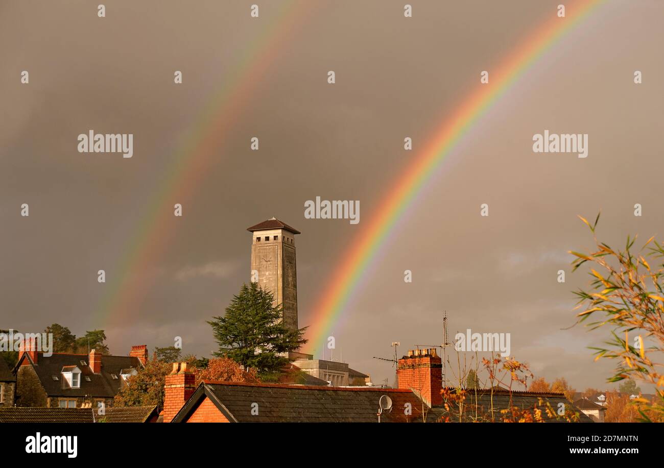 Twin rainbows over the Newport Civic Centre building, headquarters of Newport City Council in South Wales Stock Photo