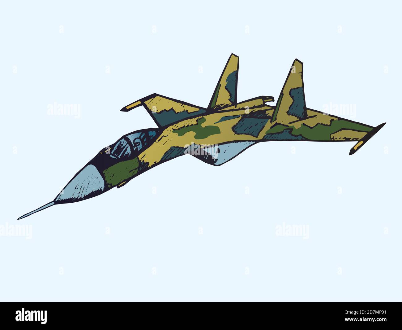 Military airplane Su in camouflage colors, hand drawn doodle sketch, isolated color illustration Stock Photo