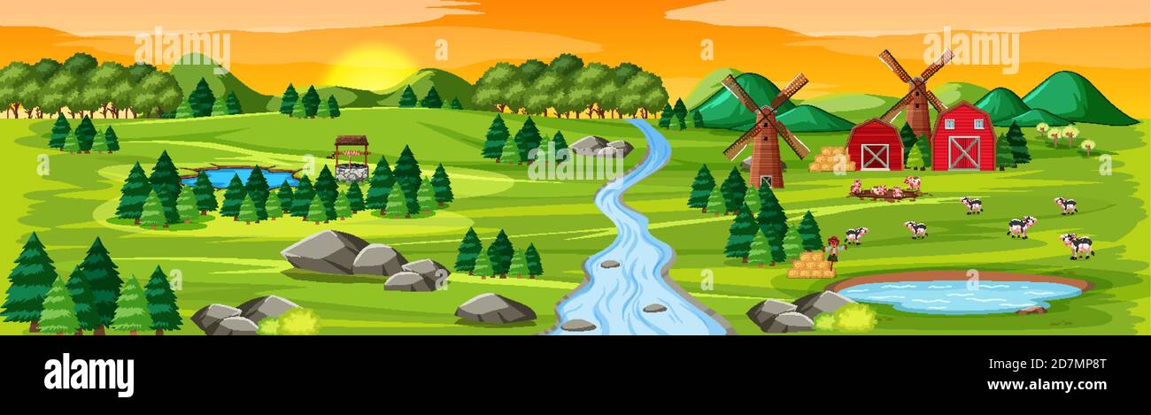 Farm nature with barns landscape at sunset scene illustration Stock ...