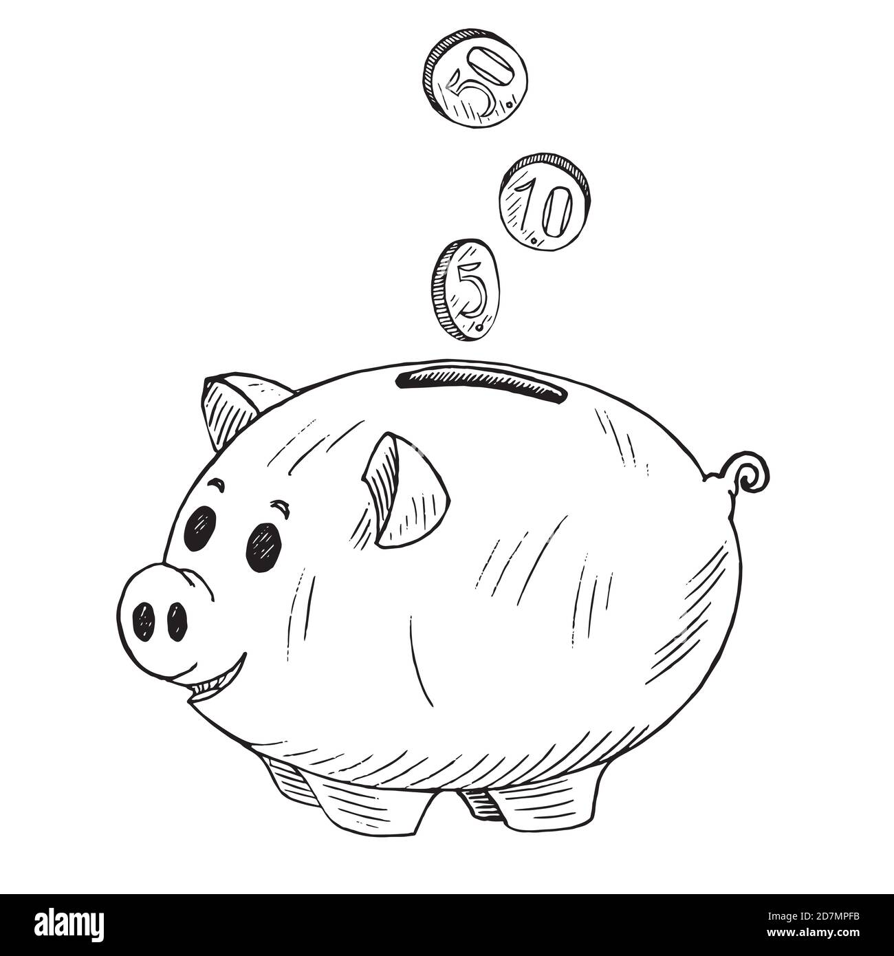 Piggy bank with coins pour into it, hand drawn doodle sketch, isolated  outline illustration Stock Photo - Alamy