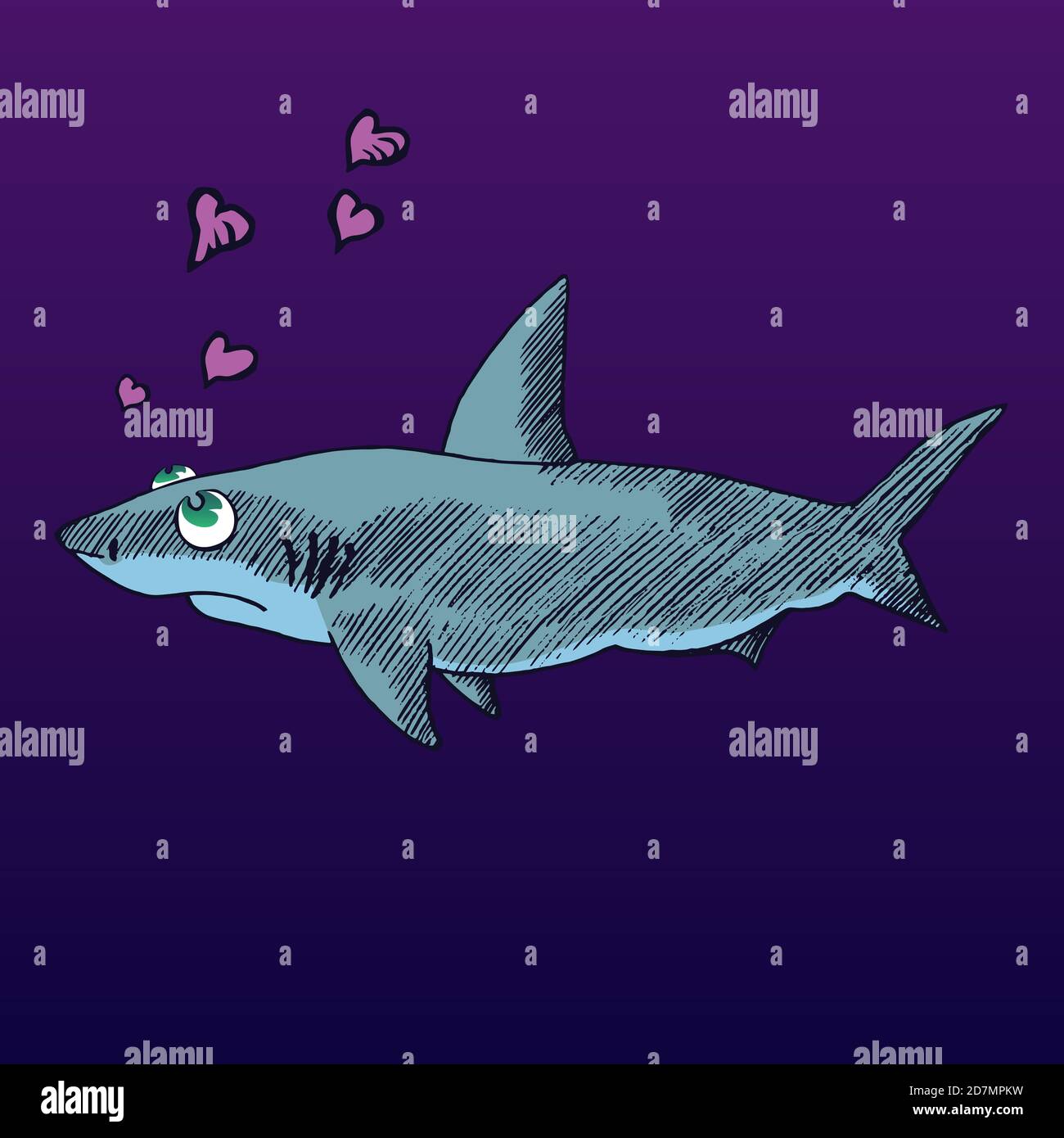 Cartoon character of shark with hearts shape bubbles, hand drawn doodle sketch,  color illustration Stock Photo