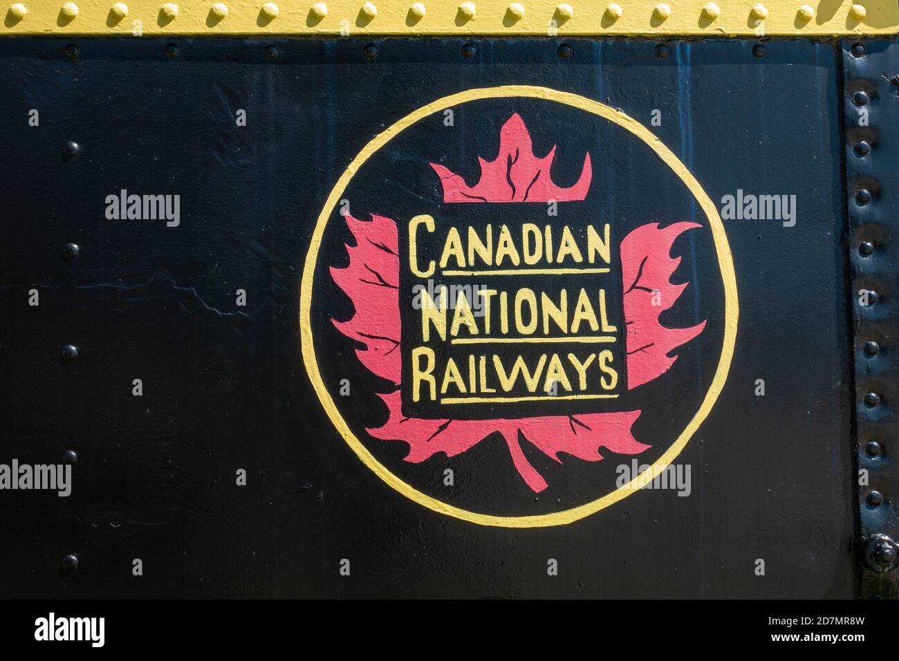 Canadian National Railways Vintage Logo From 1954 Painted On A Railway Passenger Car Carriage Railroad CN Rail Maple Leaf Stock Photo