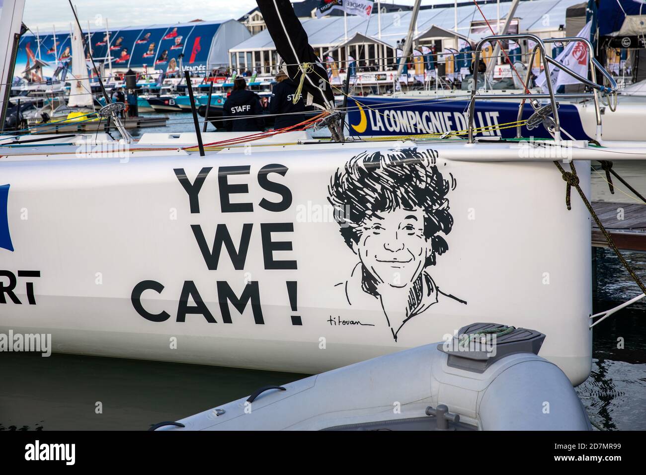 LES SABLES D'OLONNE, FRANCE - OCTOBER 19, 2020: Portrait of Jean Le Cam by Titouan Lamazou on the hull of the Yes We Cam boat for the Vendee Globe Stock Photo