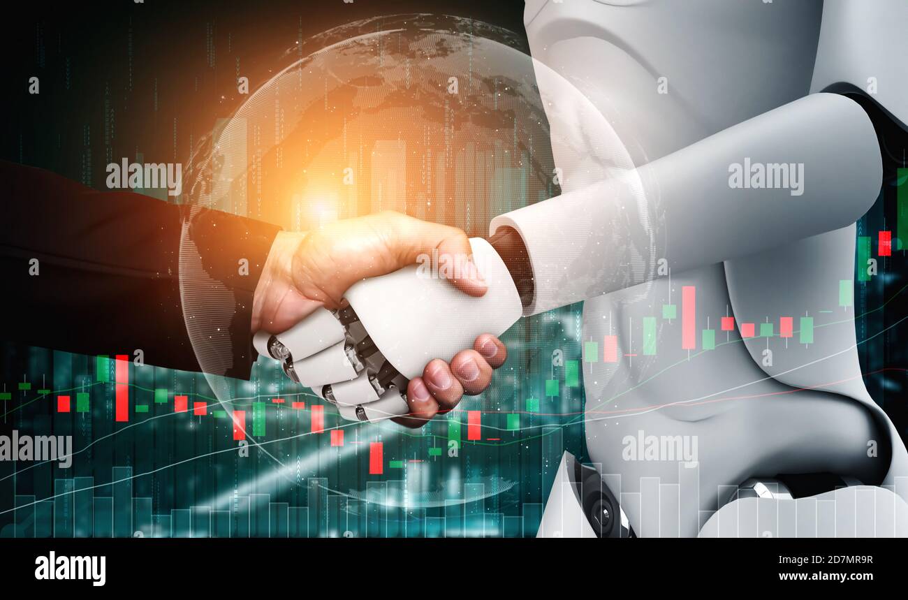 3D rendering humanoid robot handshake with stock market trading chart showing buy and sell decision by AI thinking brain, artificial intelligence and Stock Photo