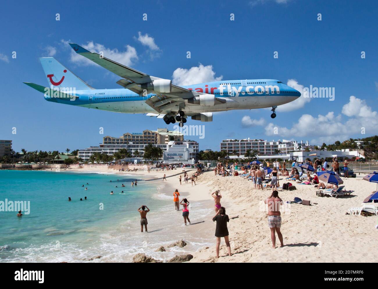 Princess Juliana International Airport is the main airport on the Caribbean island of Saint Martin/Sint Maarten and it's very close to the beach Stock Photo