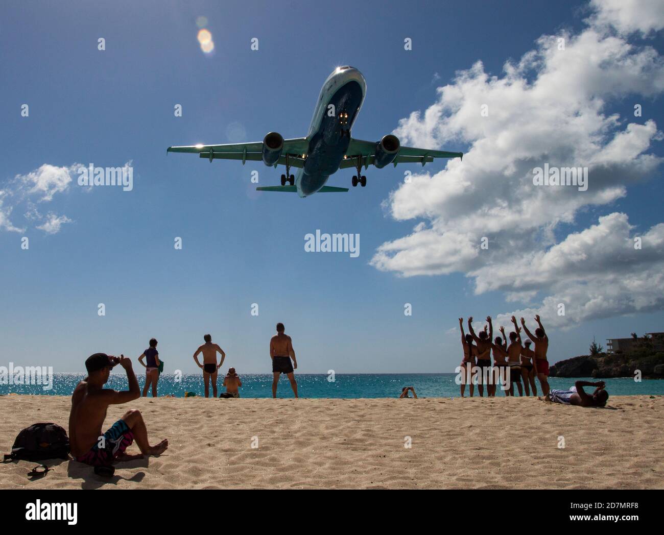 Princess Juliana International Airport is the main airport on the Caribbean island of Saint Martin/Sint Maarten and it's very close to the beach Stock Photo