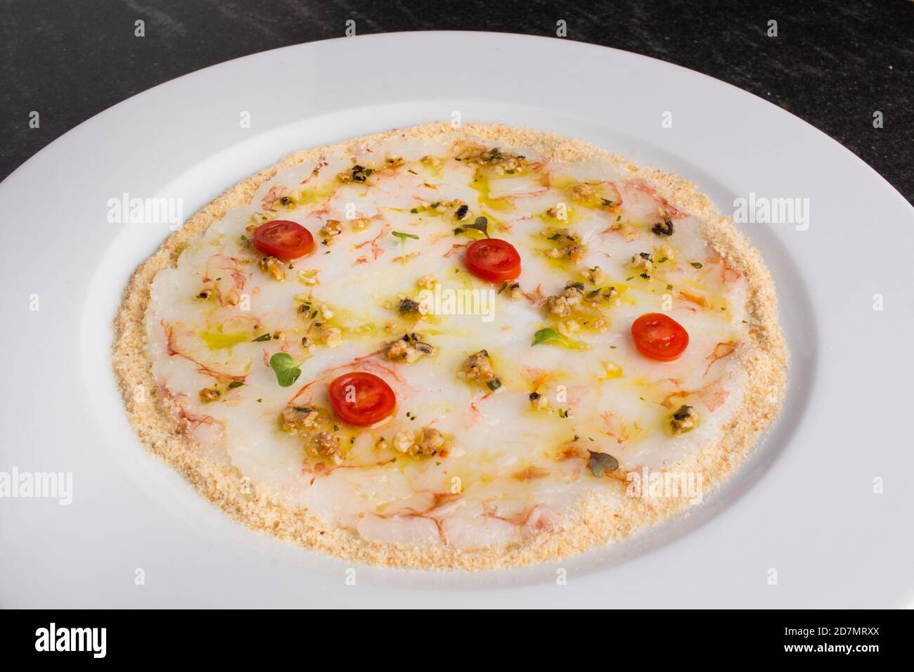 shrimp pizza with sea fruit sauce Stock Photo Alamy