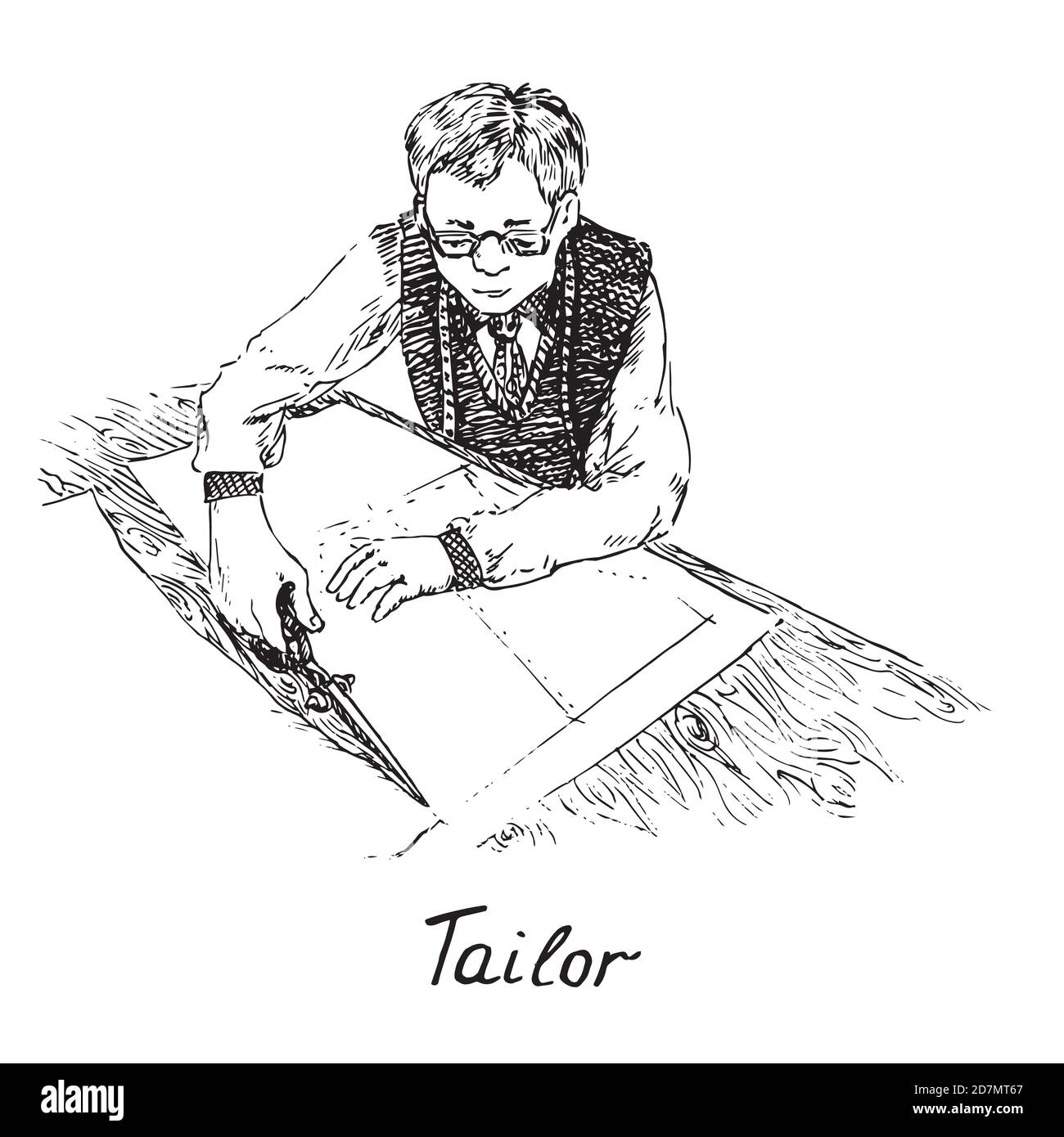 Tailor in glasses at work cutting on table coat pattern, hand drawn
