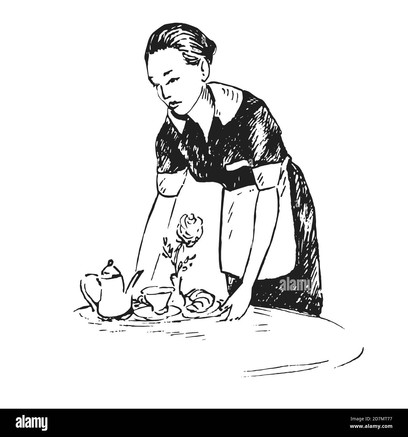Waitress putting tray on the table with breakfast, hand drawn doodle, sketch, black and white illustration Stock Photo