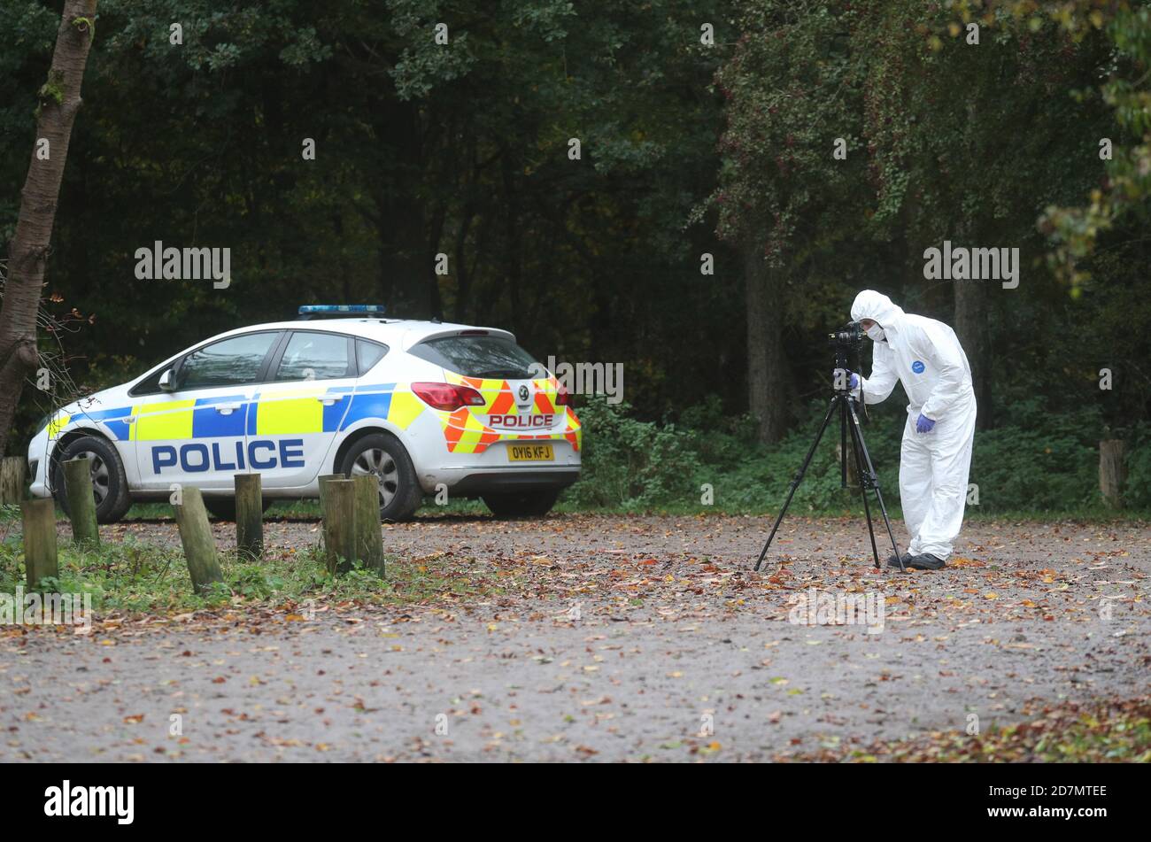 Forensic investigators at Watlington Hill in Oxfordshire after the body of a woman was discovered at the National Trust estate, a man has been arrested on suspicion of murder and is being treated for serious injuries, police said. Stock Photo