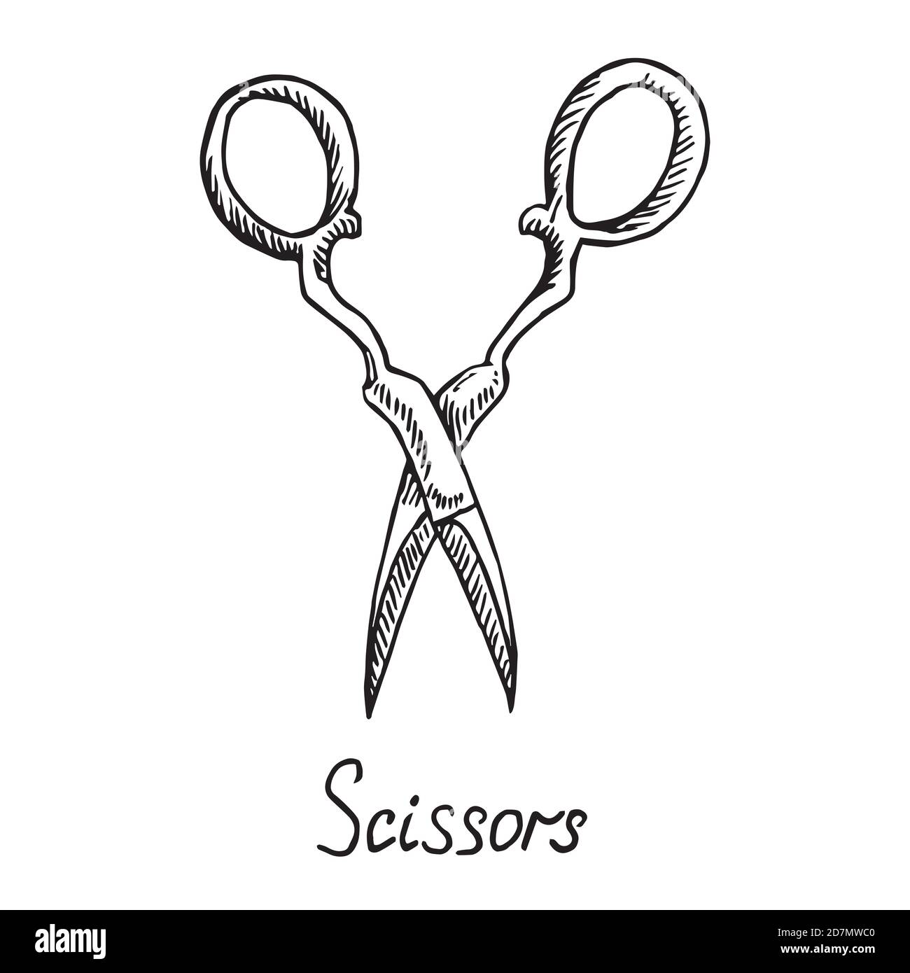 Old fashioned scissors, hand drawn doodle sketch with inscription, isolated illustration Stock