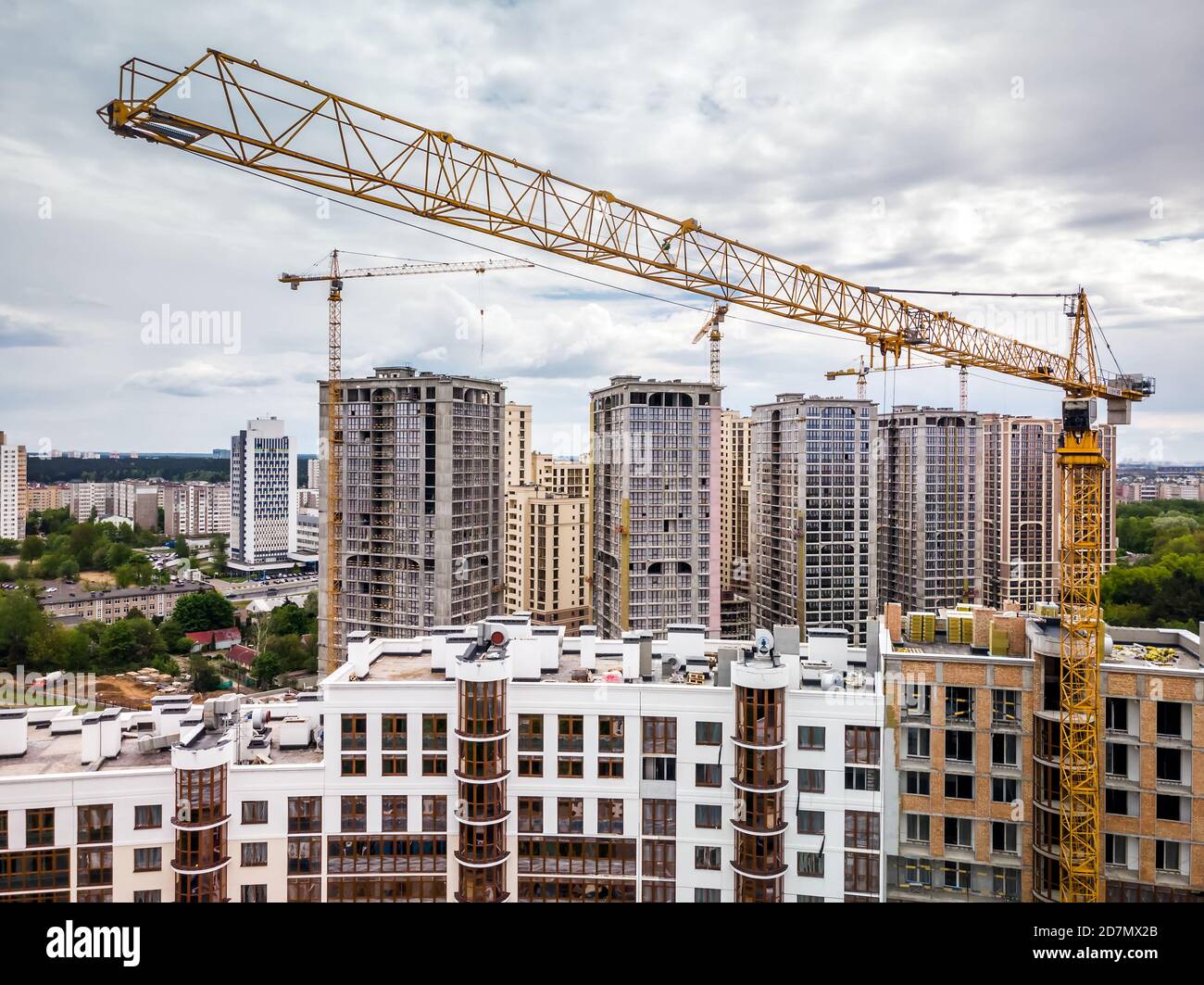 Busy Construction Site And Construction Equipment And Cranes. Aerial ...