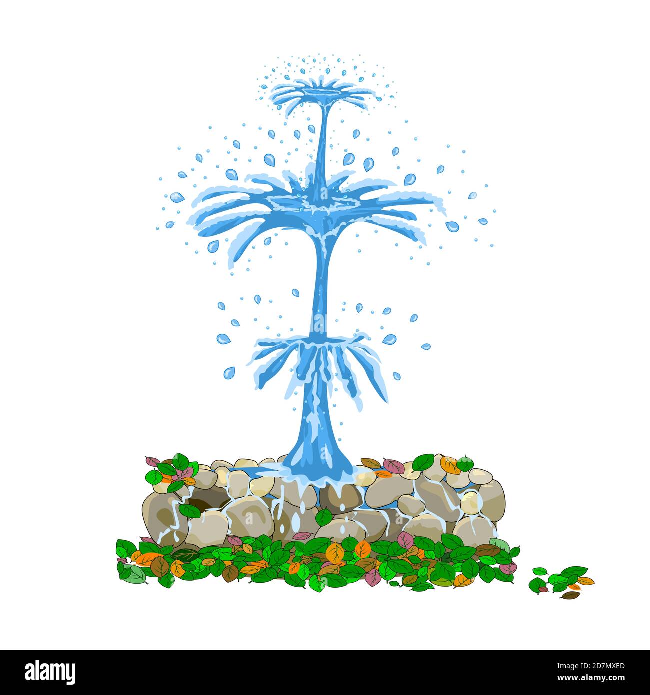 Fountain isolated on white background. Vintage cartoon source with pure water stream, stones and color leaf. Street fountain aspiring upwards. Landsca Stock Vector