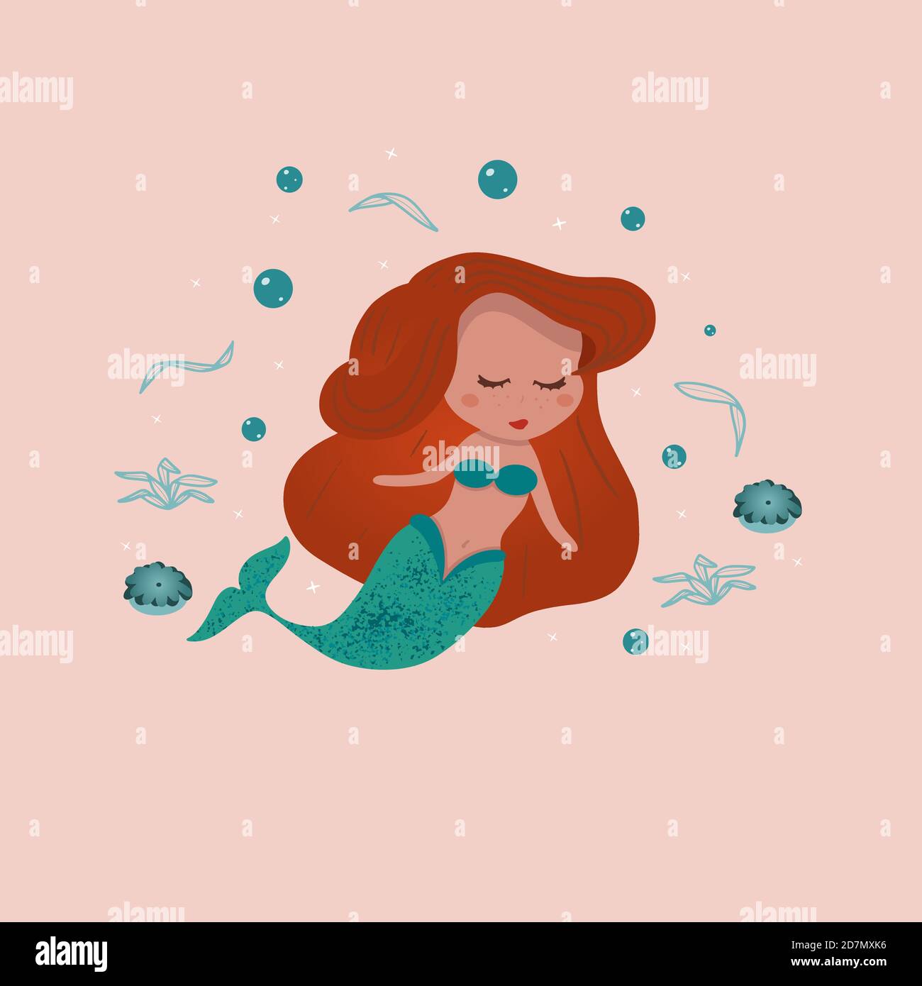 Red hair mermaid cartoon drawing with bubbles and seaweed around. Cute  little mermaid girl for design or print Stock Vector Image & Art - Alamy