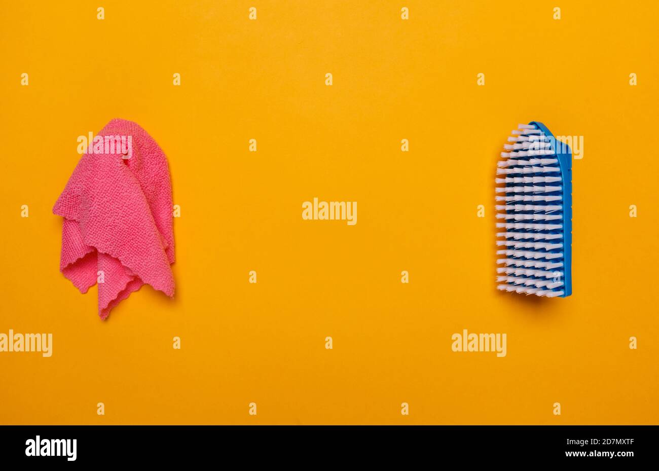 cleaning rag and blue brush. place for text. Stock Photo