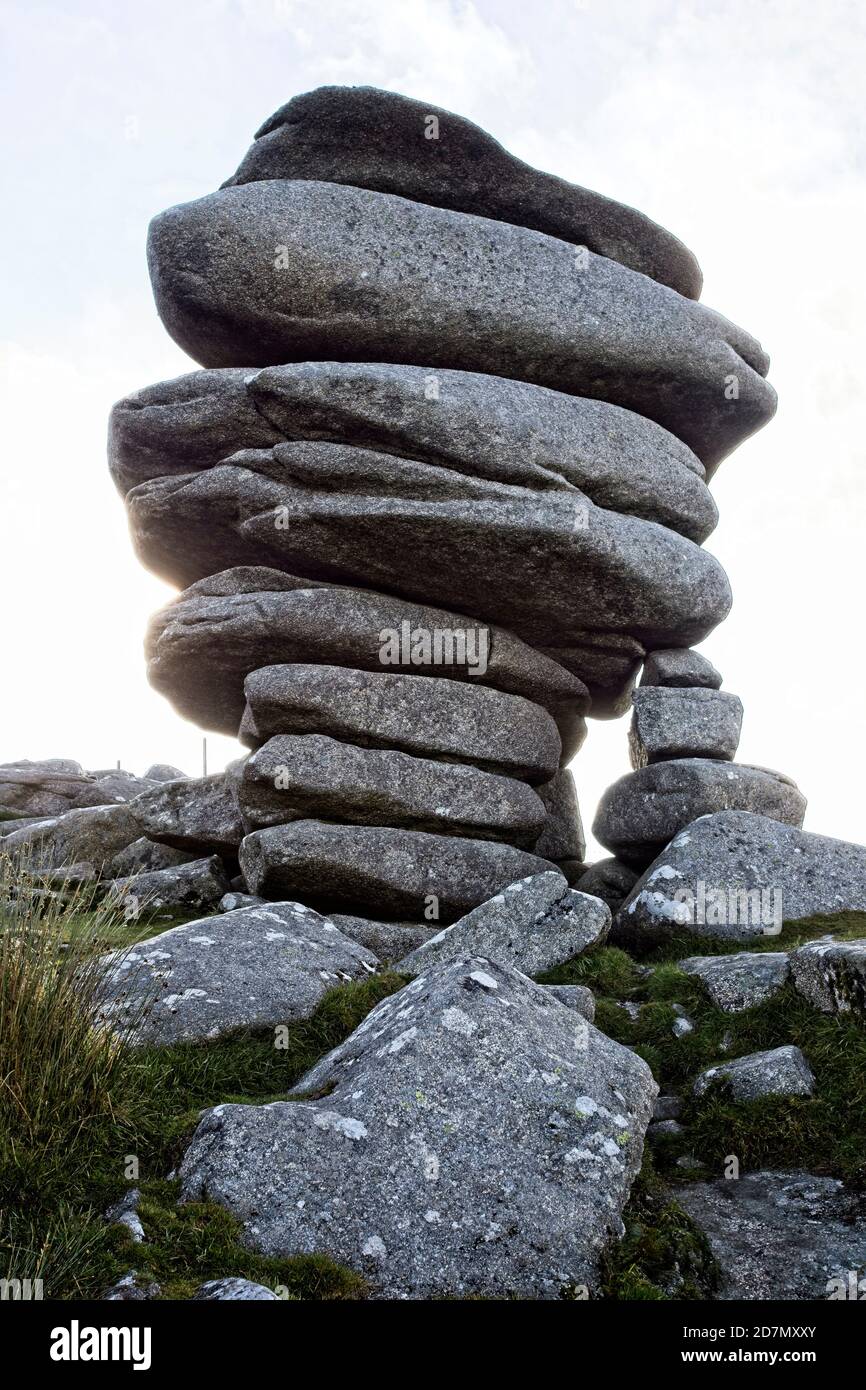 The Cheesewring, a natural formation of weathered granite on Stowe's Hill, Bodmin Moor, near Minions, Cornwall, England, UK. Stock Photo
