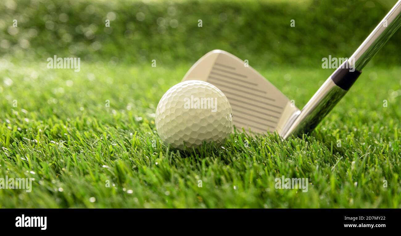 Golfing sport equipment and club concept. Golf stick ready to hit a