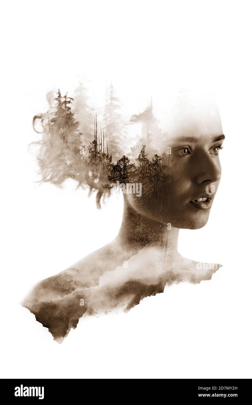 Double exposure portrait of young woman forest and mountains. Stock Photo