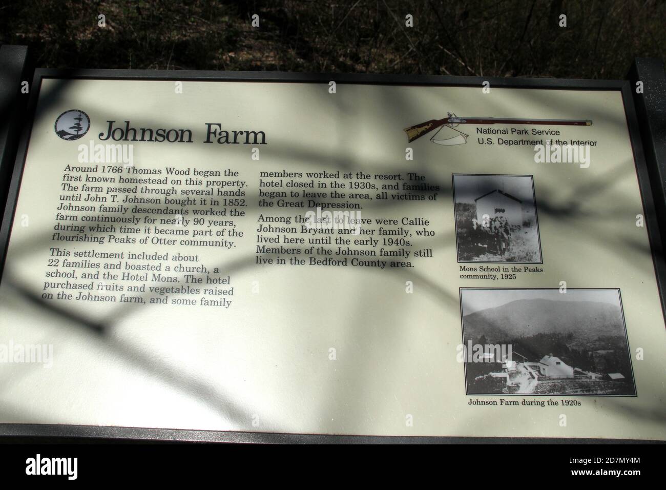 The historical Johnson Farm in Virginia's Blue Ridge Parkway, USA. Historical marker. Stock Photo