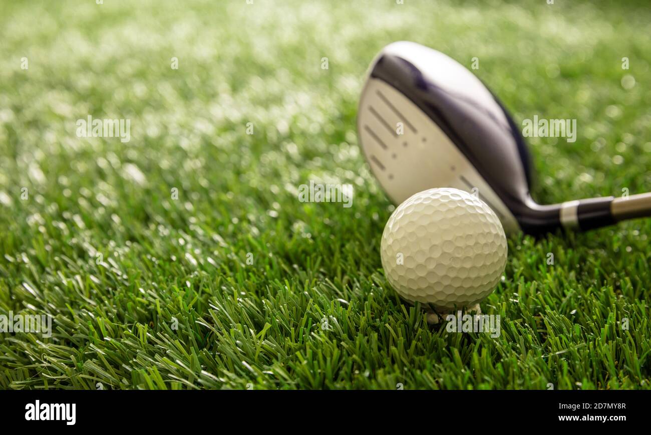 Golfing sport equipment and club concept. Golf ball and stick on green course lawn, sunlight reflections, close up view. Stock Photo