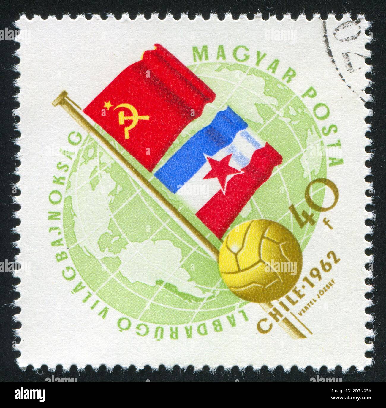 HUNGARY – CIRCA 1962: stamp printed by Hungary, shows flags of USSR and Jugoslavia and soccerball, circa 1962 Stock Photo