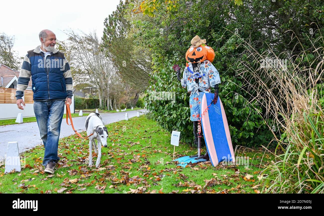 Worthing UK 24th October 2020 - This hound isn't quite sure what to make of one of the hundred scarecrows which have appeared around the village of Ferring near Worthing this weekend as their Scarecrow Festival takes place this week : Credit Simon Dack / Alamy Live News Stock Photo