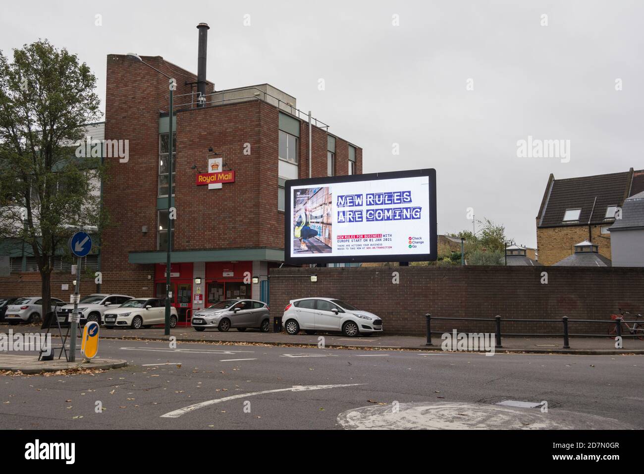 HM Government, Brexit New Rules are Coming electronic billboard advert in Mortlake, southwest London, England, UK Stock Photo