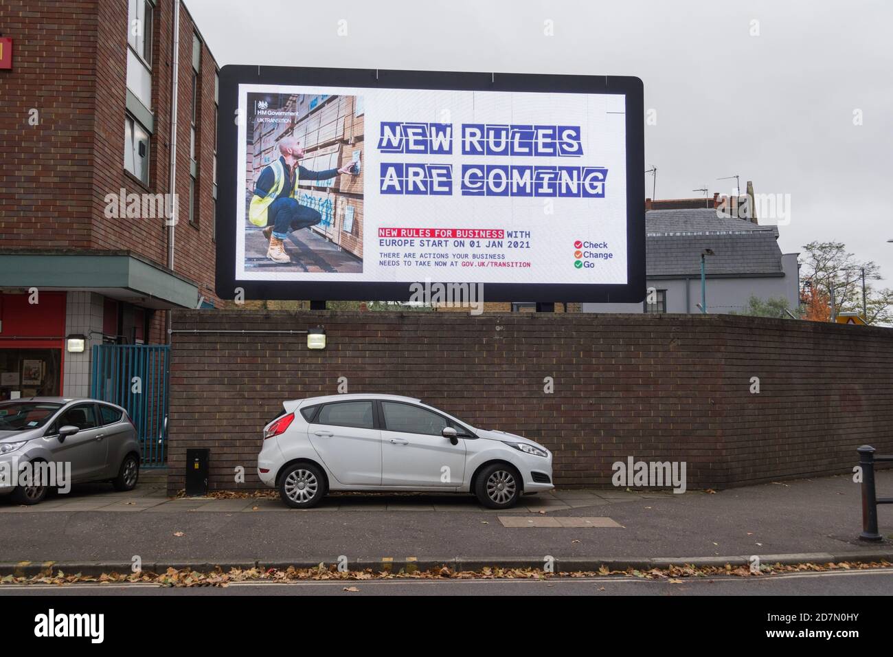 London, England, UK. 24 October 2020.  HM Government, Brexit New Rules are Coming electronic billboard advert © Benjamin John Stock Photo