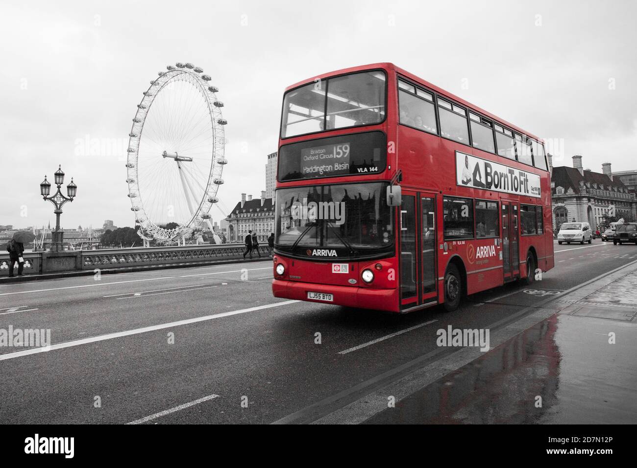 a traditional red bus and Londo Eye Stock Photo - Alamy