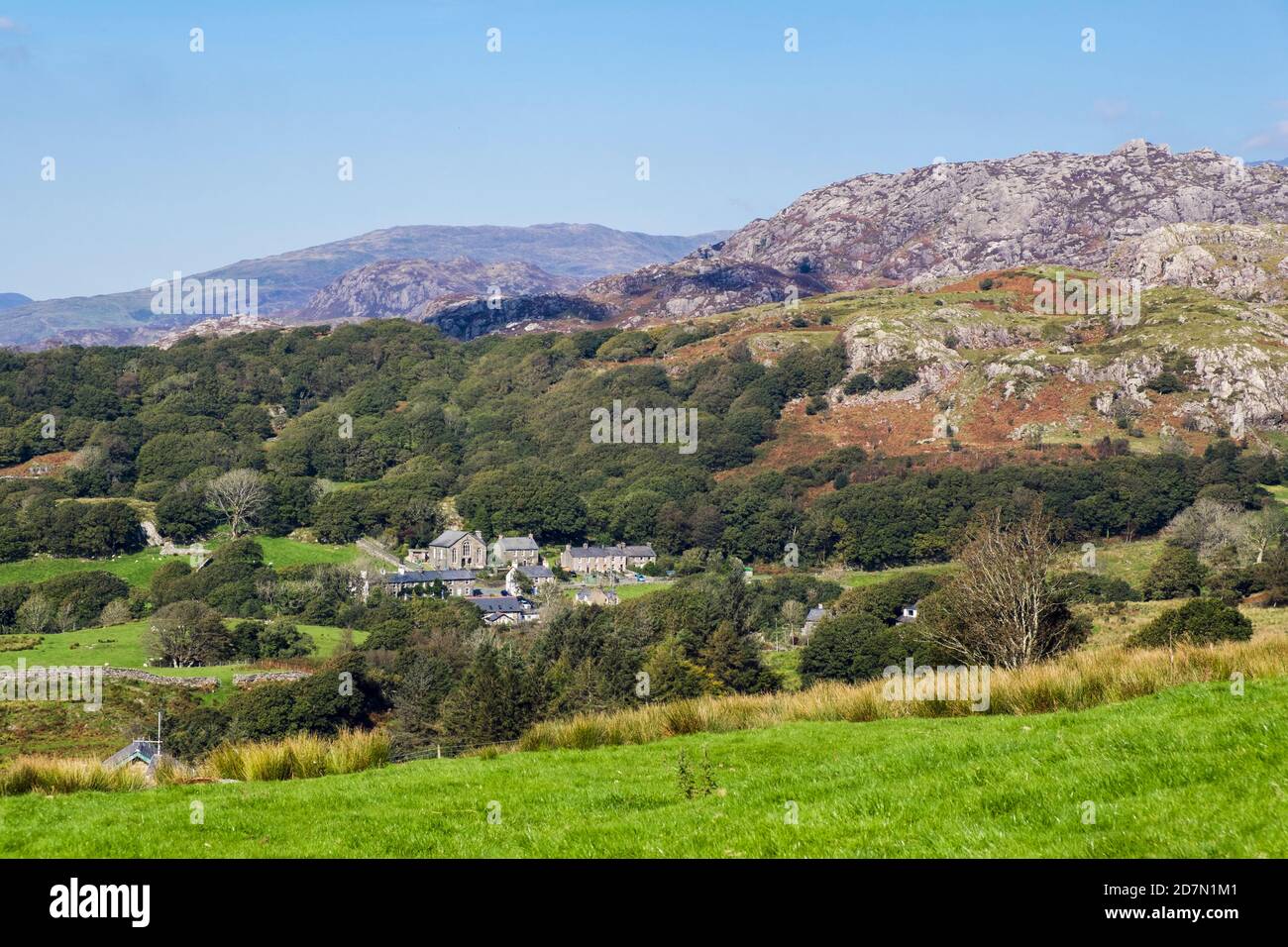 Distant view to old Welsh village in Snowdonia National Park countryside. Croesor, Gwynedd, Wales, UK, Britain Stock Photo