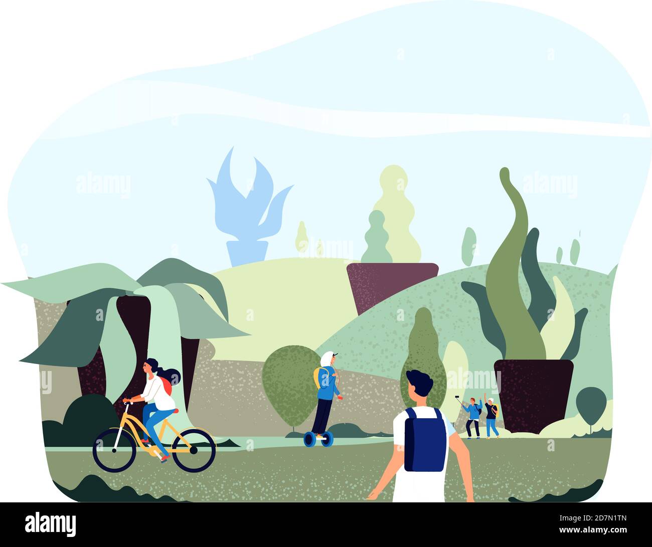 People in city park. Free green giant plants persons walk ride bike in eco urban summer spring garden healthy lifestyle vector concept. Illustration of outdoor sport in city park Stock Vector