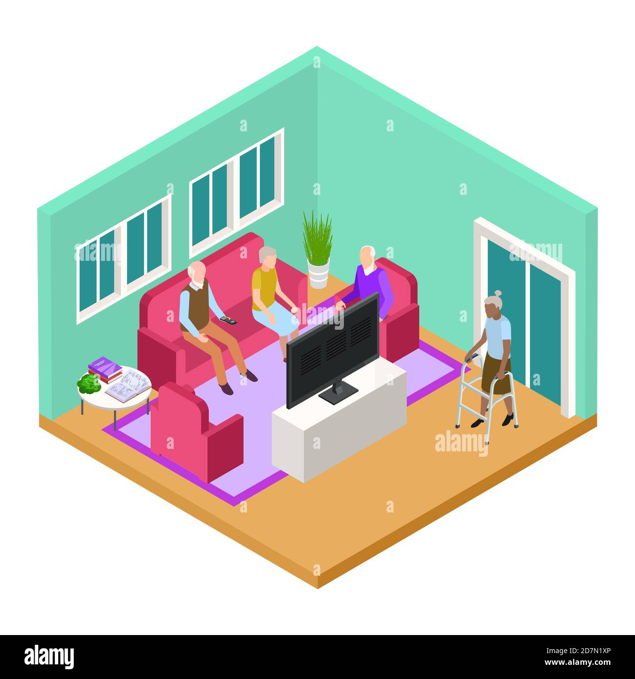 Isometric nursing home living room interior with old people vector concept. Illustration of elderly pensioner retirement, woman and man in living room Stock Vector