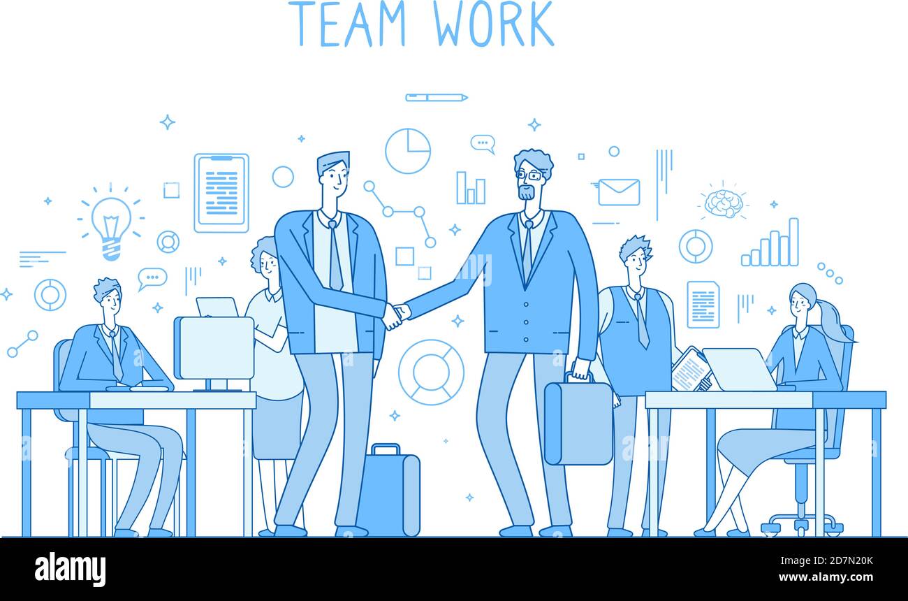 Outsourcing team concept. Creative business teamwork office workers handshaking. Collaboration trendy flat outline vector background. Teamwork outsourcing management, coworking people illustration Stock Vector