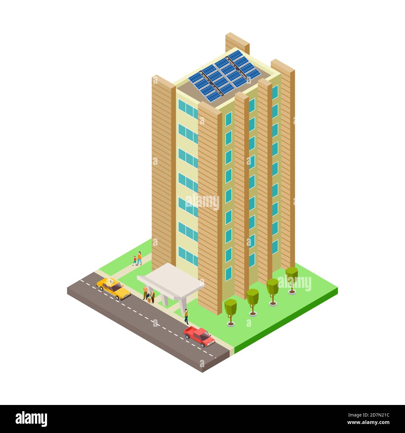 Big apartment house, cars, taxi and people isometric vector illustration. House isometric building, residential isometry exterior, architecture skyscraper Stock Vector