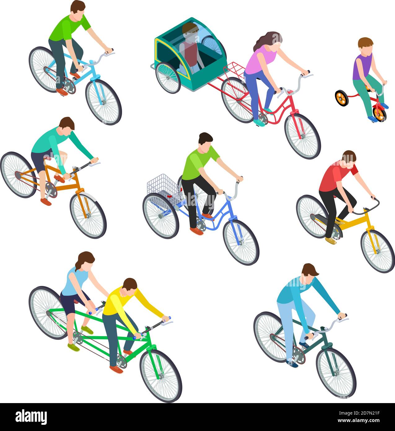 Isometric people bike. Man woman riding bikes outdoor, bicyclists. Active family biking. Cyclist bicycle 3d vector isolated set. Illustration of cyclist isometric, sport woman and man riding Stock Vector