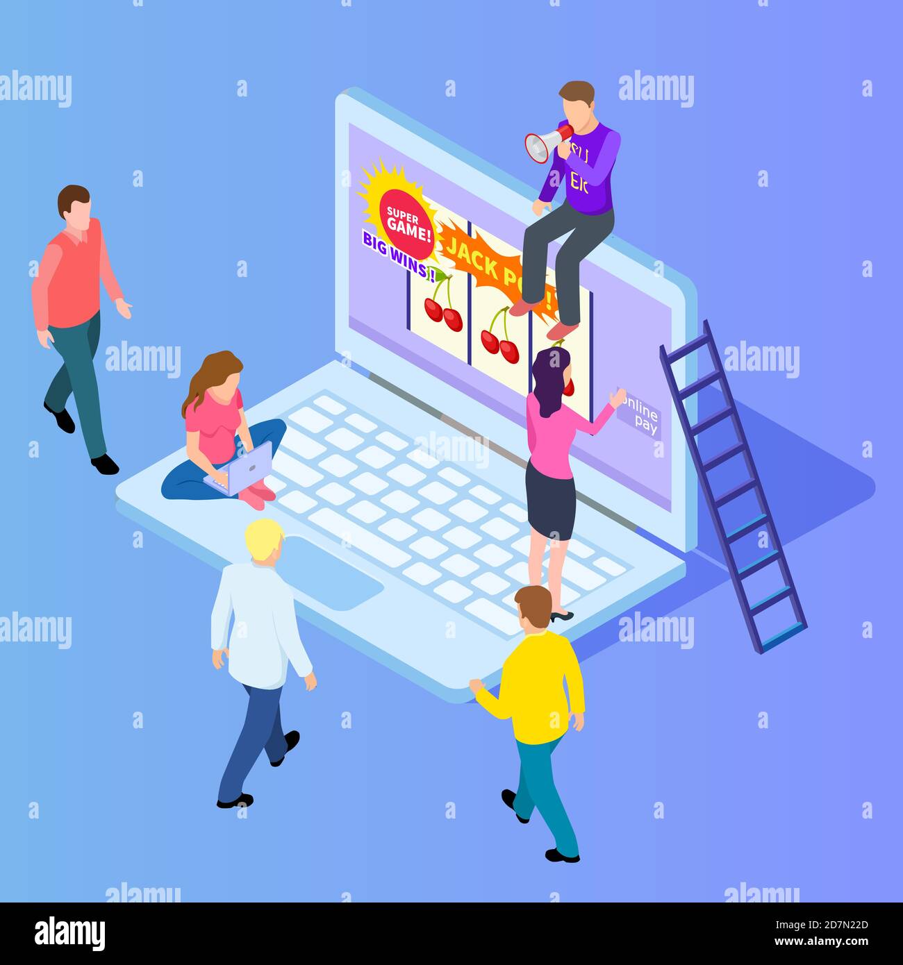 Isometric online gambling, casino, slot machine isometric vector illustration. Online casino for luck people, win jackpot in game Stock Vector