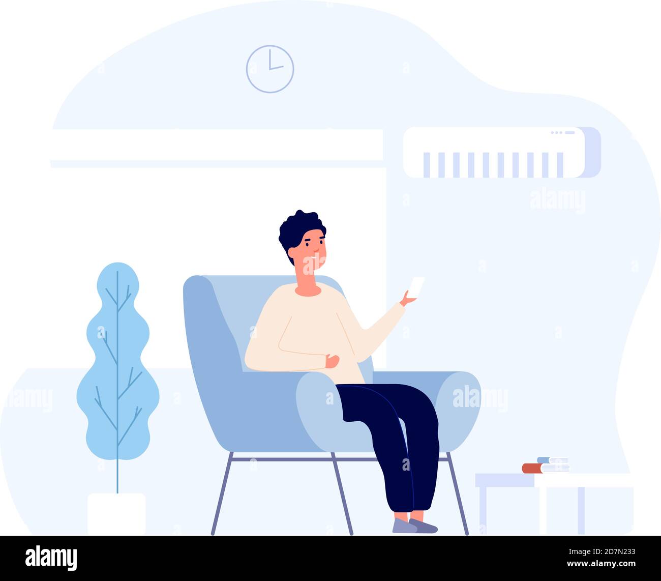 Air conditioner concept. Young man sitting in home chair under air conditioning system. summer room cooling and cleaning. Vector image. Illustration of comfort control home, conditioner used man Stock Vector