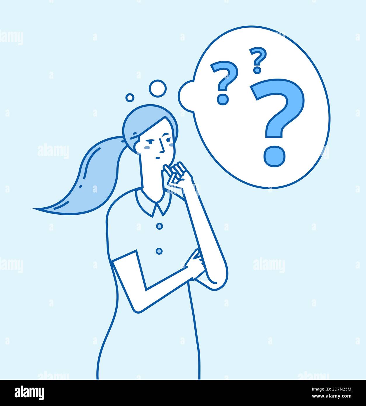Girl in doubt. Young confused woman thinking. Pensive worried thoughtful businesswoman with problems vector concept. Lady thinking and pensive, uncertainty blue drawing illustration Stock Vector
