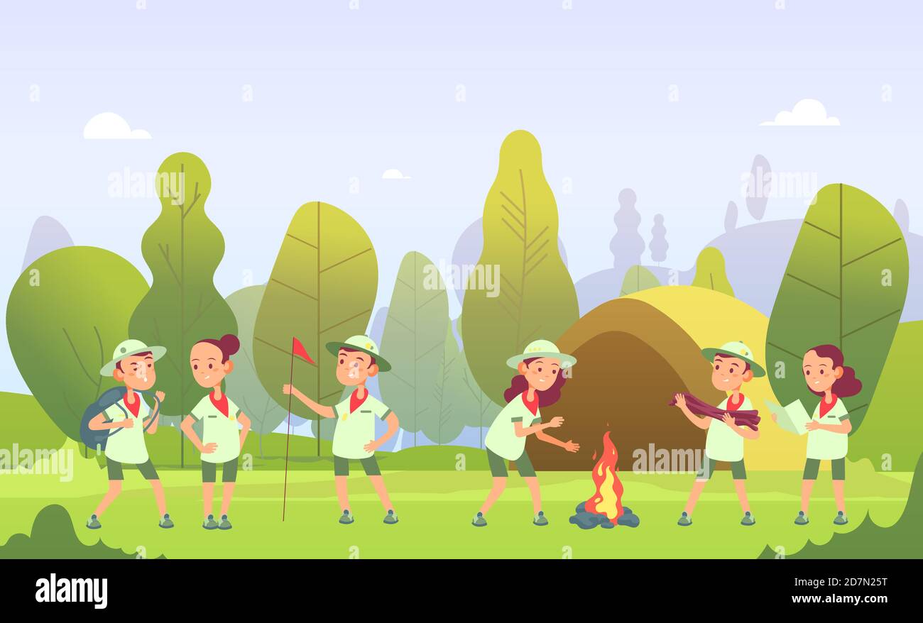 Scouts in camping. Cartoon kids at campfire in forest. Children have summer outdoor adventure. Vector illustration. Travel outdoor, scout and campfire Stock Vector