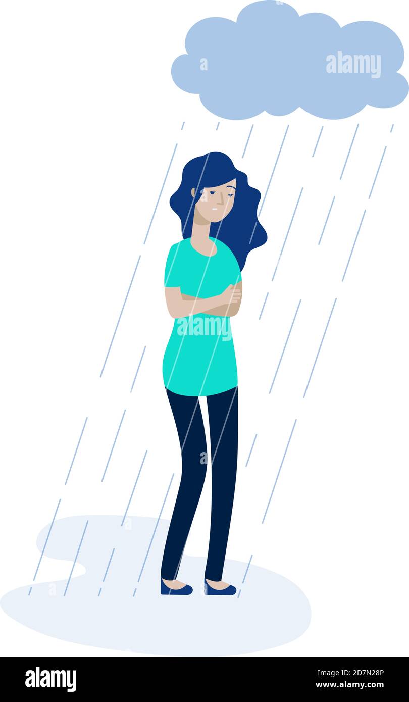 Woman rain cloud. Depressed girl feeling lonely depression unhappy teen solitude sadness grief stress apathy vector concept. Illustration of teen character unhappy and sadness depressed Stock Vector