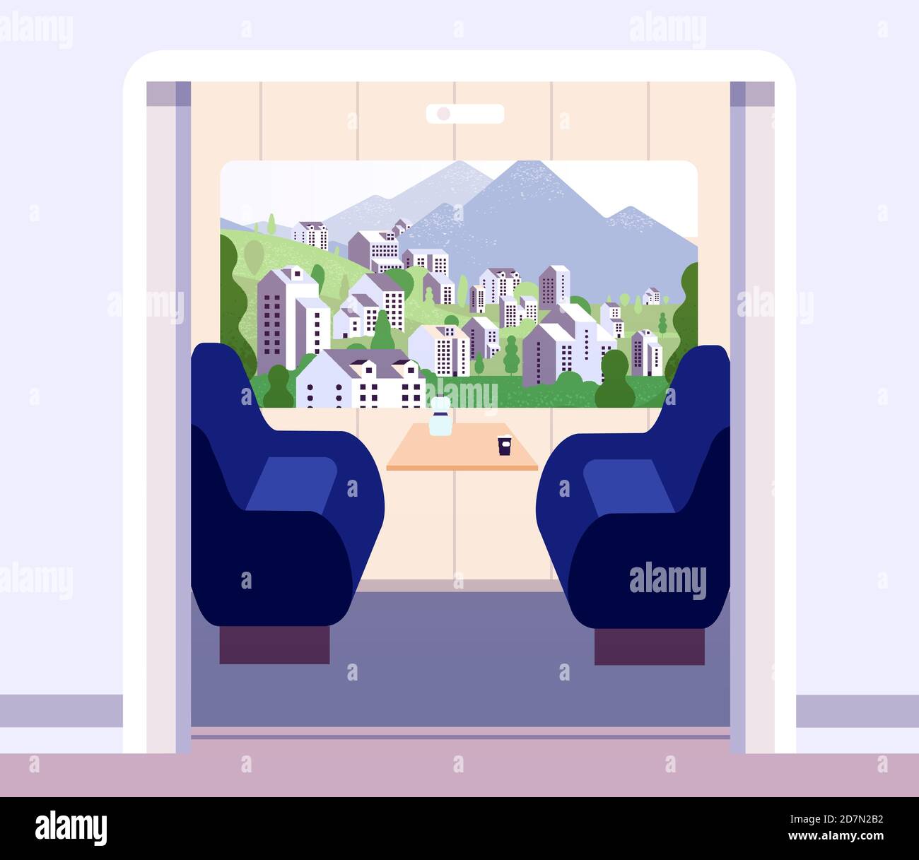 Train interior. Empty trains compartment without travellers. Summer landscape in coach window. Railway journey vector flat concept. Illustration of interior train with window, travel seat inside Stock Vector