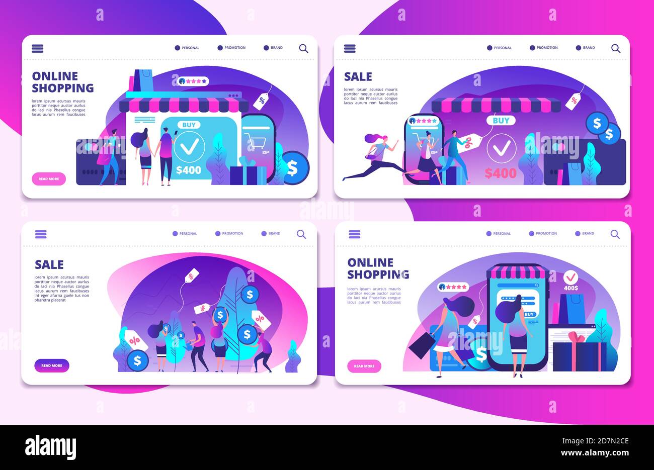 Shopping, online shopping, sale landing page vector templates. Illustration of shop mobile, marketing on smartphone, buy and payment Stock Vector