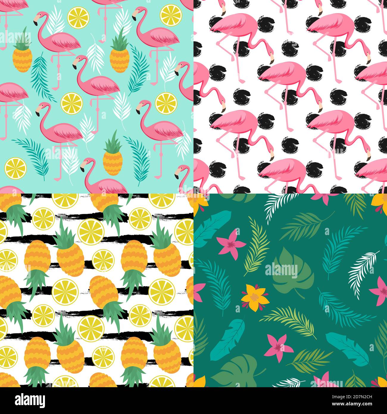 Tropical seamless pattern collection with exotic fruits, flamingo and plants. Illustration of exotic summer patterns with flamingo and pineapple Stock Vector