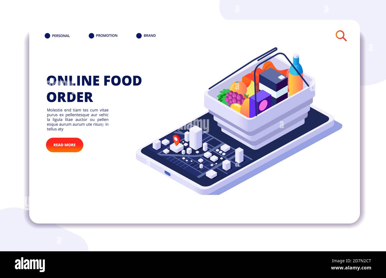 Grocery food delivery isometric concept. Online order with mobile phone app. Internet food restaurant vector banner or landing page. Illustration of delivery order food, app online service Stock Vector